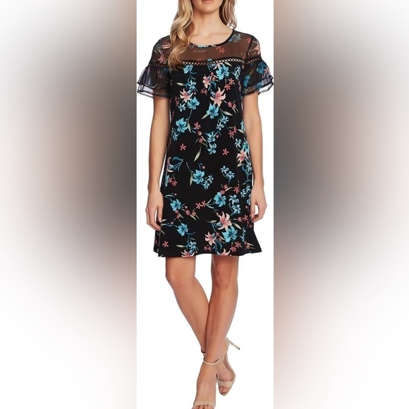 CeCe Dresses & Skirts - CeCe Expressive Lillies Ruffle Sleeve Mixed Media Minidress NWOT